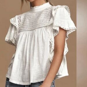Free People White Le Femme Cotton Ruffled Short Sleeve Top XS Countrycore